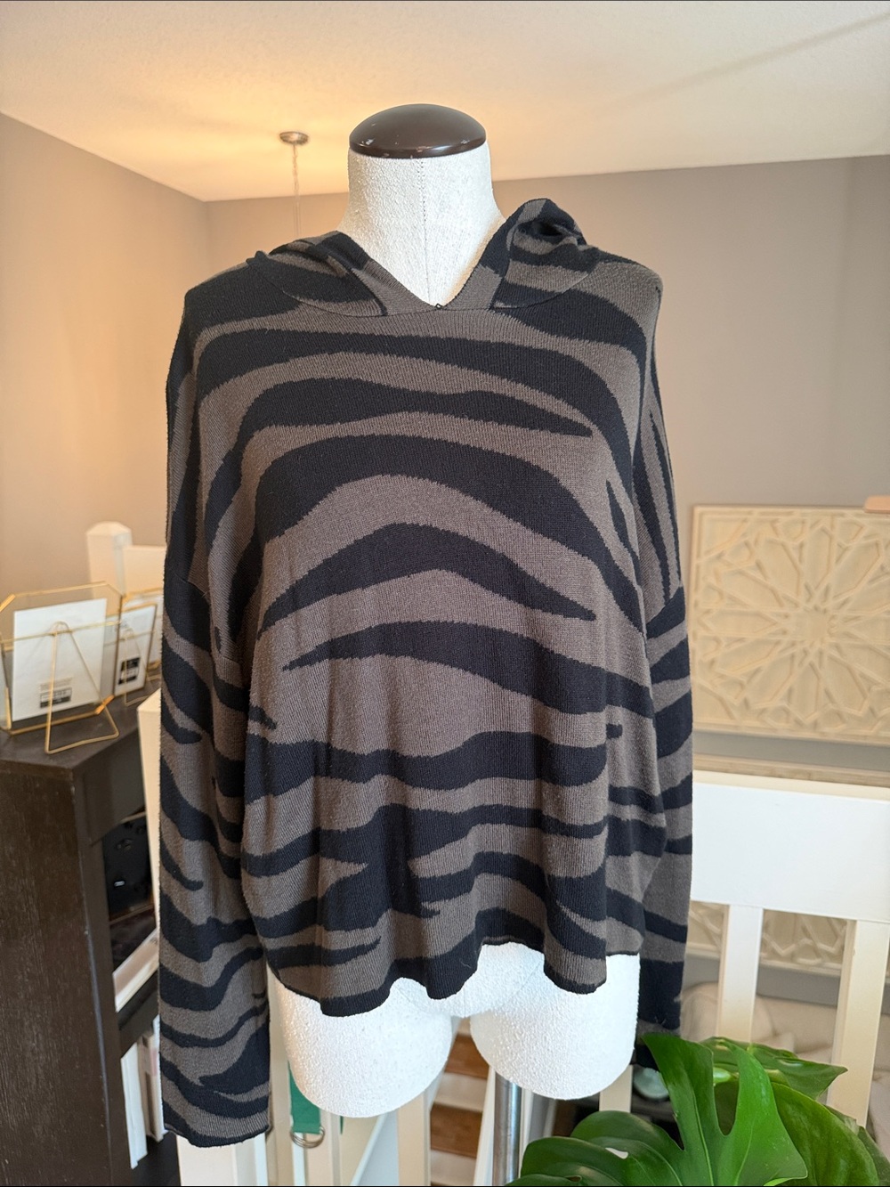 Anthropologie Zebra Stripe Lightweight Hooded Pullover Sweater - Black & Green